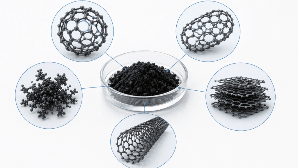 Arc-Discharge Fullerene Synthesis: Process, Products, and Practical Limitations 9 Different carbon species that may be present in arc-generated fullerene soot