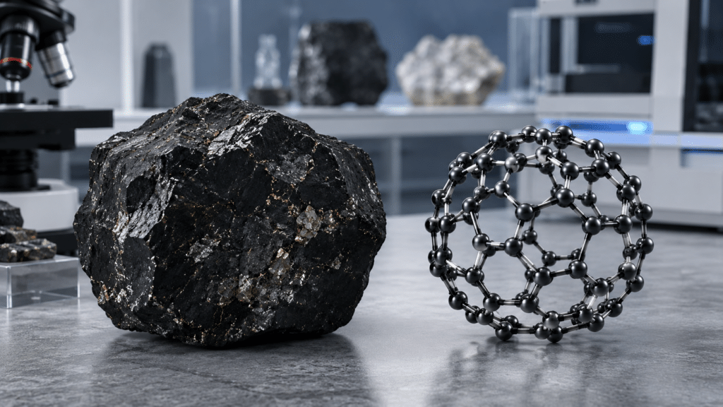 Does Shungite Contain C60? Evidence, Analytical Limits, and Water-Safety Questions 10 Shungite rock and an isolated C60 molecule examined as different carbon materials