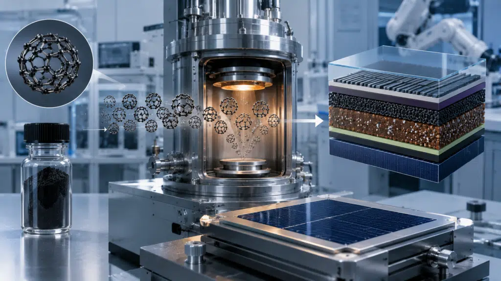 C60 source qualification and thermal evaporation for perovskite scale-up research