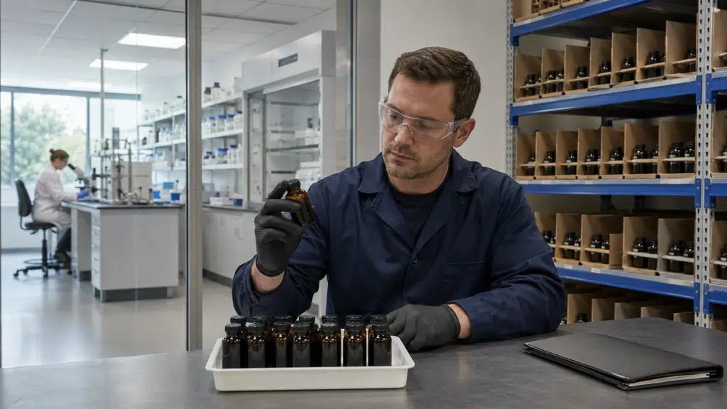 Technical specialist reviewing fullerene inventory between a laboratory and specialty-material warehouse