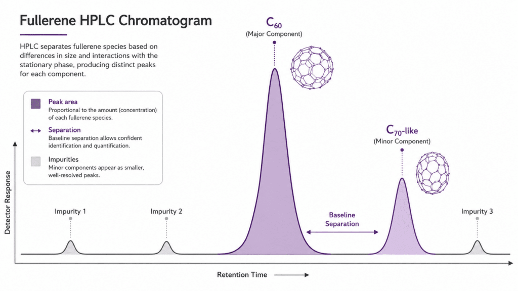 C60 HPLC 순도 분석: 풀러렌 크로마토그램 판독 방법 10 주요 C60 HPLC 피크와 분리된 미량 풀러렌 불순물 피크의 예시