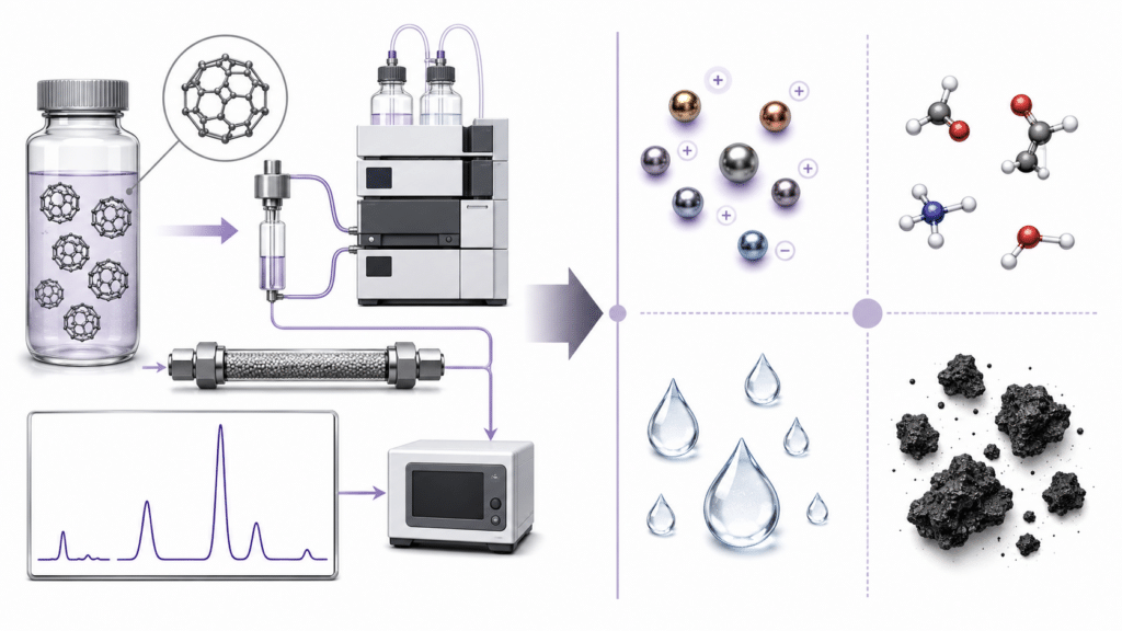 C60 HPLC 순도 분석: 풀러렌 크로마토그램 판독 방법 11 C60 분말 내 금속, 용매, 수분 및 불용성 불순물과 비교한 HPLC 분석 범위