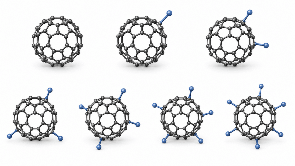 C60 Functionalization: Bingel, Prato & Diels–Alder Routes 12 순수 C60, 단일부가물 및 다양한 다중부가 패턴의 개념적 비교