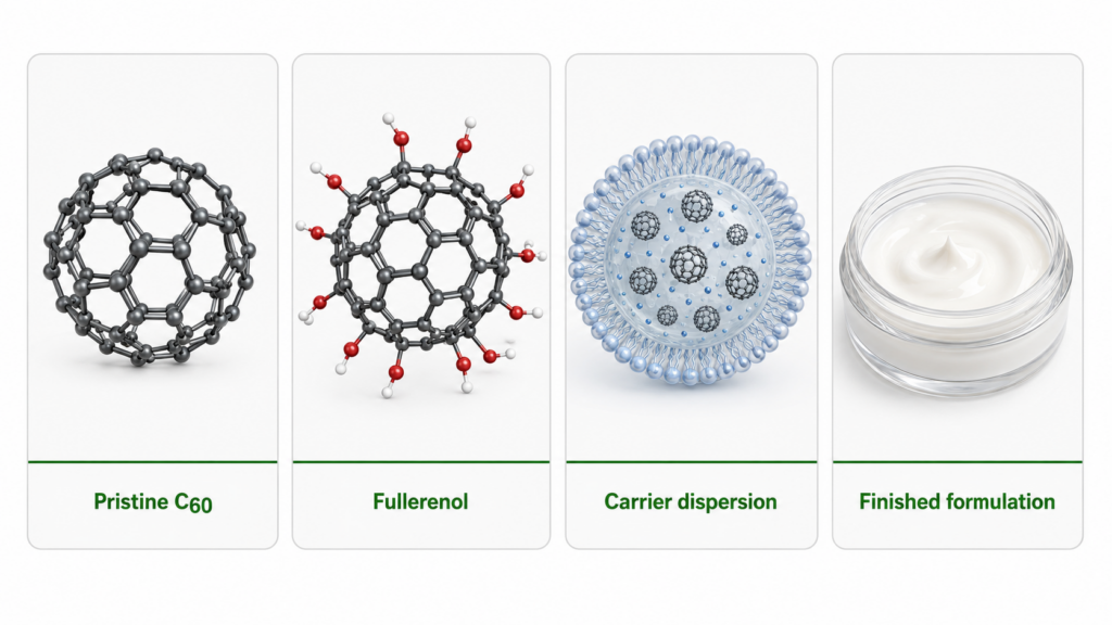 Fullerene in Radiation Dermatitis Research: Evidence, Formulation, and Safety Boundaries 9 未修飾C60、フラーレノール、担体分散液、および完成品局所製剤の比較