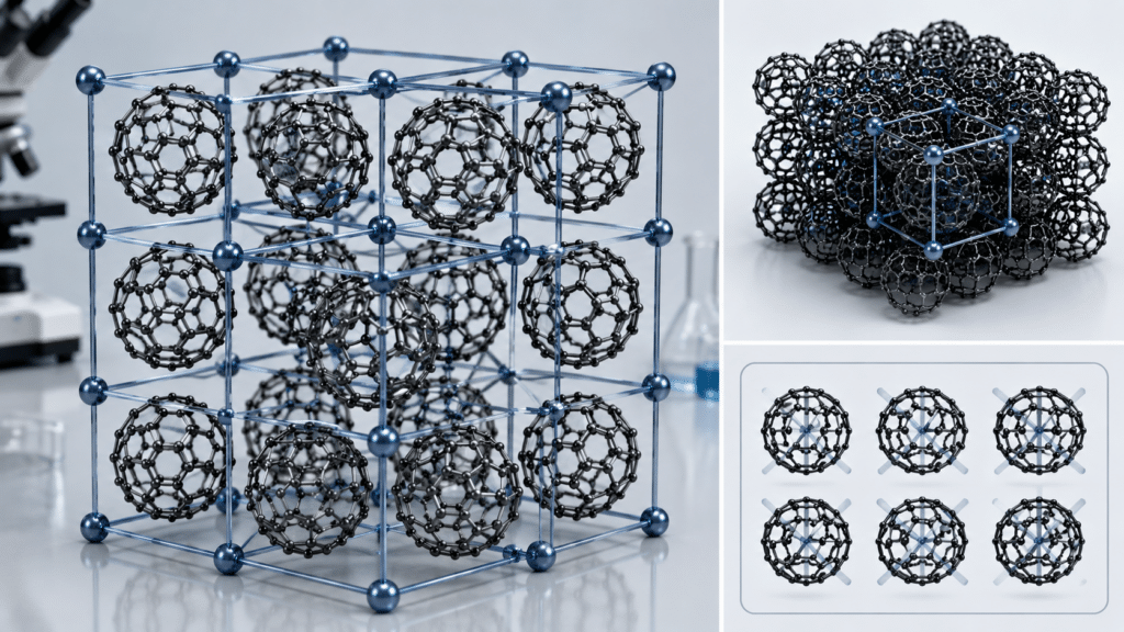 C60 XRD Characterization: How to Interpret Fullerene Diffraction Patterns 10 C60 molecular cages in an orientationally disordered face-centered-cubic lattice