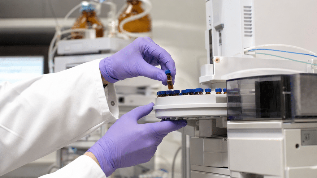 C70 Characterization Methods: What HPLC, UV–Vis, Mass Spectrometry and 13C NMR Reveal 10 Analytical chemist loading a Fullerene C70 solution into an HPLC autosampler