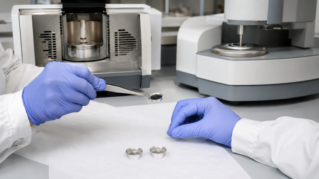 C60 TGA and DSC: How to Interpret Fullerene Thermal Analysis 10 Thermal-analysis specialist preparing separate C60 pans for TGA and DSC