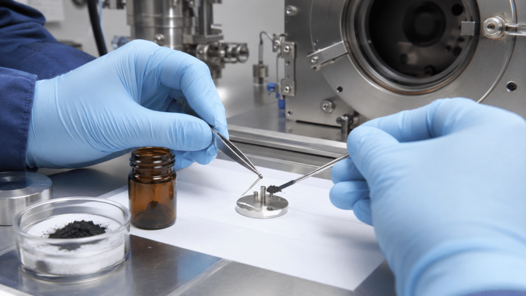 C60 XPS: How to Interpret C 1s Spectra and Fullerene Surface Chemistry 10 Scientist preparing C60 powder on a sample holder for XPS analysis