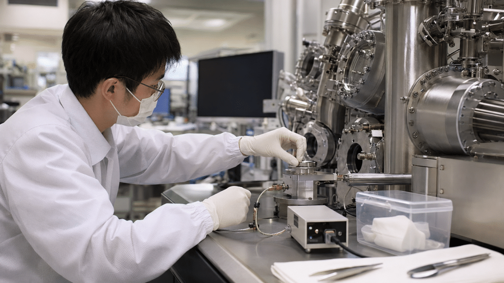 C60 XPS: How to Interpret C 1s Spectra and Fullerene Surface Chemistry 11 Scientist checking sample grounding and charge-control hardware for C60 XPS