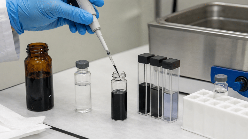 Fullerene Materials for Biomedical Research 9 Scientist preparing fullerene dispersions with a micropipette and ultrasonic bath