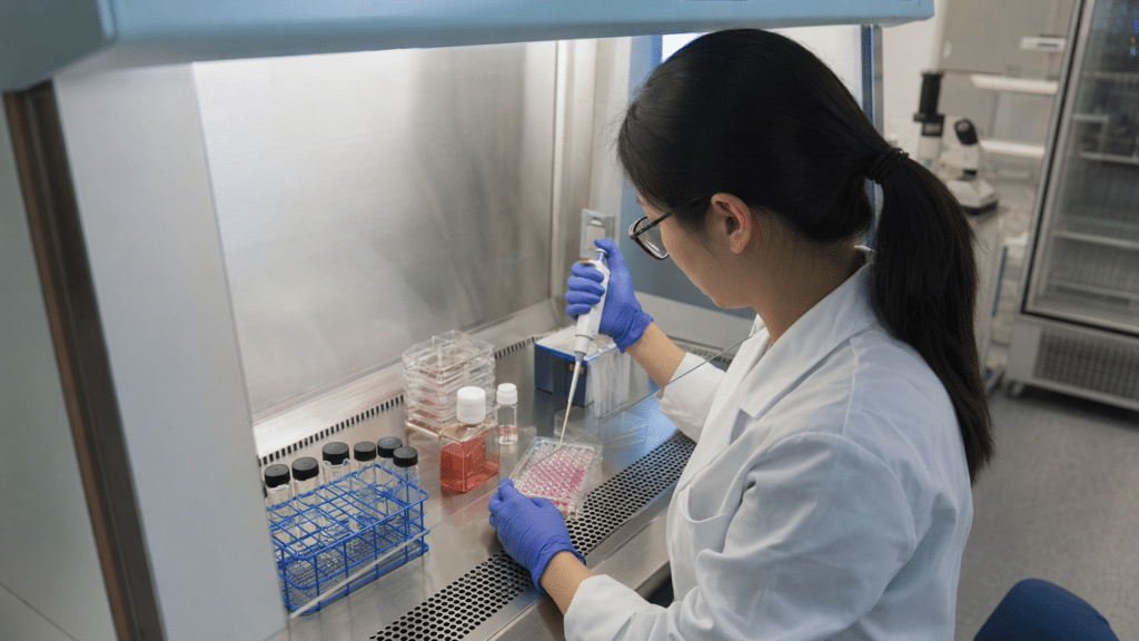 Fullerene Materials for Biomedical Research 11 Scientist preparing controlled fullerene cell-culture experiments in a biosafety cabinet