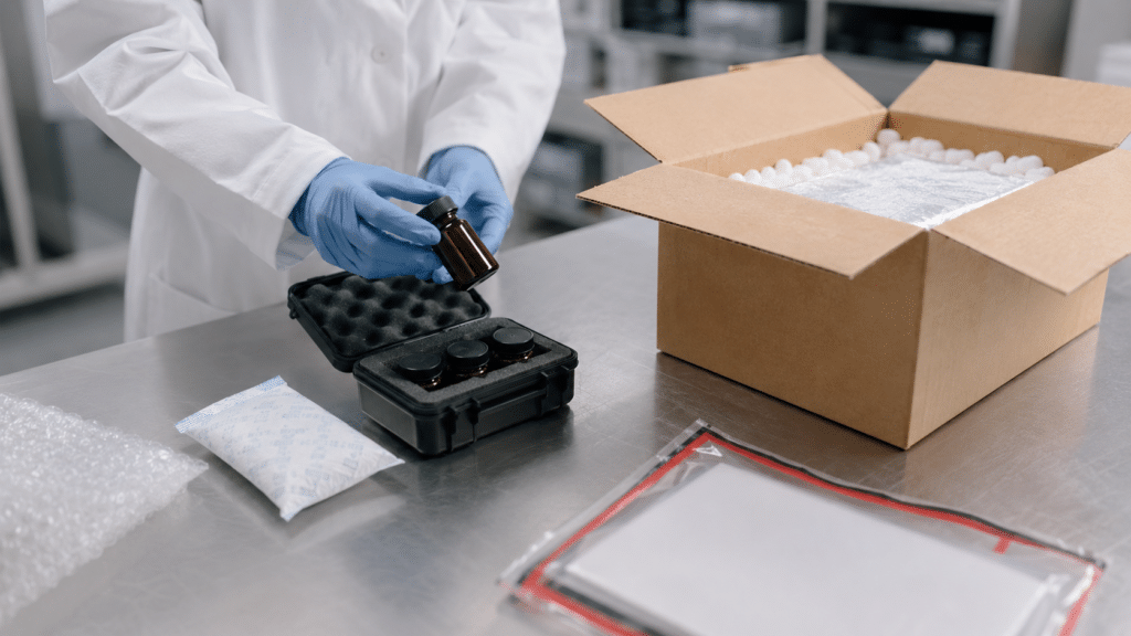 Fullerene C70 Supplier Guide: Purity, Testing and RFQ Requirements 13 Technician preparing sealed Fullerene C70 vials in protective shipping packaging