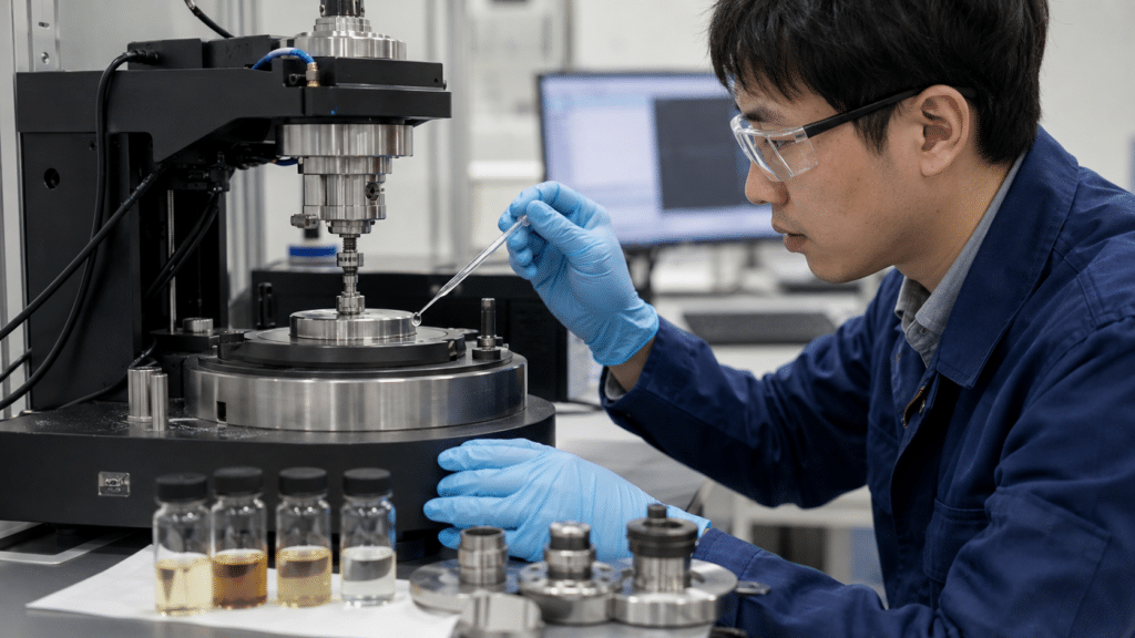 C60 Lubricant Additives: Dispersion, Tribology Testing, and Verified Performance Claims 11 East Asian engineer applying a lubricant sample during a controlled tribometer test