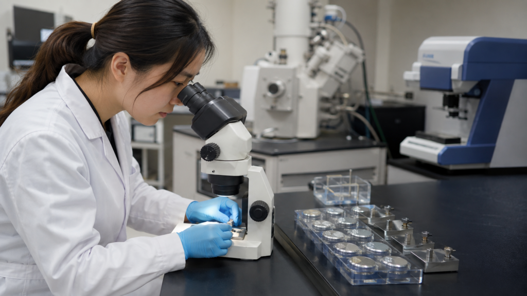 C60 Lubricant Additives: Dispersion, Tribology Testing, and Verified Performance Claims 12 East Asian materials scientist inspecting matched wear-test coupons after lubricant testing