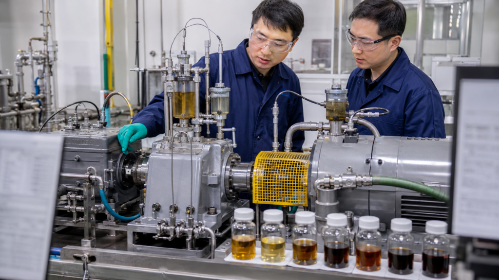 C60 Lubricant Additives: Dispersion, Tribology Testing, and Verified Performance Claims 13 East Asian engineers reviewing a pilot-scale lubricant validation test rig