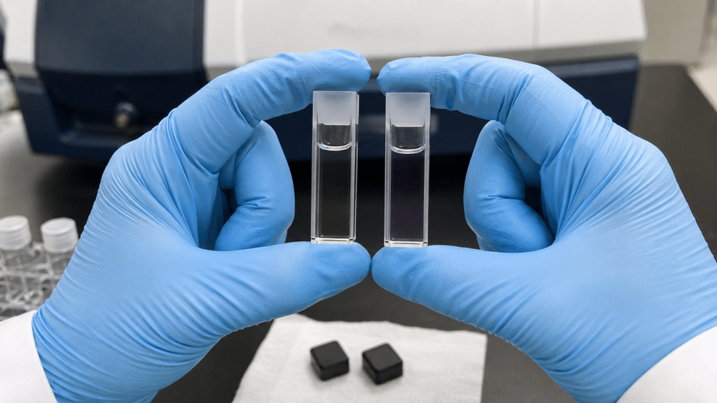C60 UV–Vis Spectroscopy: How to Measure and Interpret Absorption Spectra 11 Matched quartz cuvettes containing a solvent blank and purple C60 solution