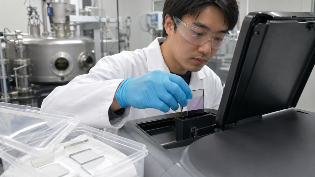 C60 UV–Vis Spectroscopy: How to Measure and Interpret Absorption Spectra 12 Researcher mounting a C60-coated substrate for UV-visible transmission measurement
