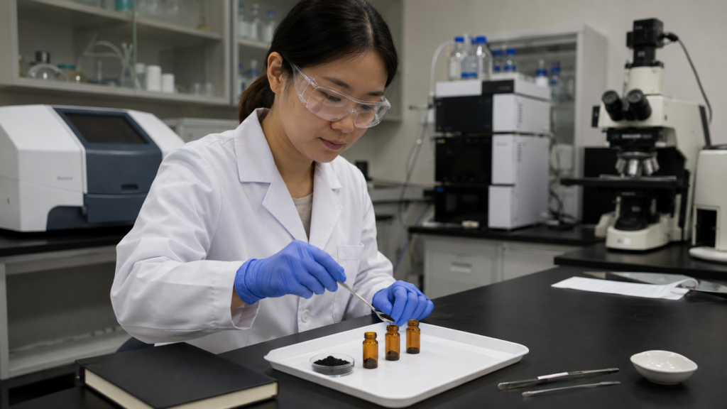 C60 UV–Vis Spectroscopy: How to Measure and Interpret Absorption Spectra 13 Scientist dividing a C60 sample for UV-visible, HPLC and Raman analysis