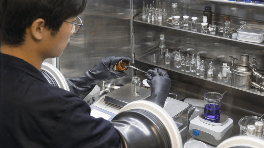 C60 Cyclic Voltammetry: How to Interpret Fullerene Redox Behavior 10 Researcher preparing a C60 electrochemical solution under inert atmosphere
