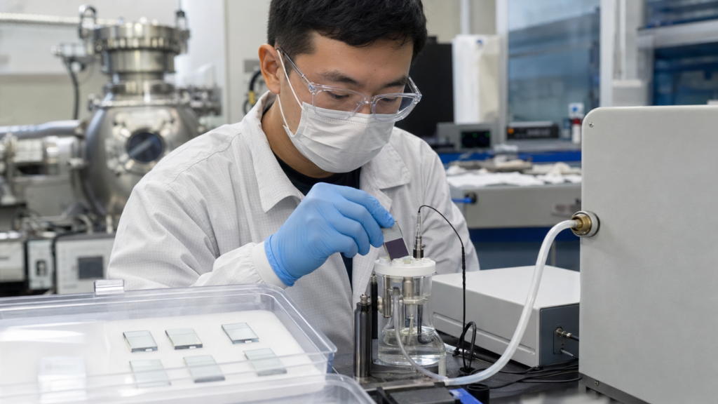C60 Cyclic Voltammetry: How to Interpret Fullerene Redox Behavior 13 Scientist mounting a C60-coated substrate for thin-film electrochemistry