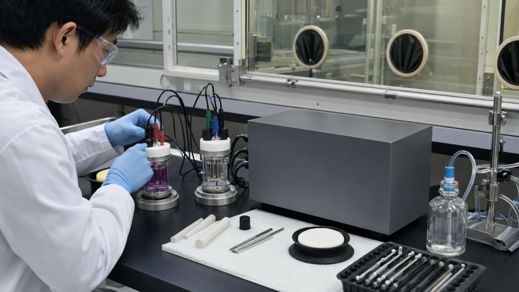 C60 Cyclic Voltammetry: How to Interpret Fullerene Redox Behavior 12 Researcher preparing C60 and internal-standard cells for comparable voltammetry
