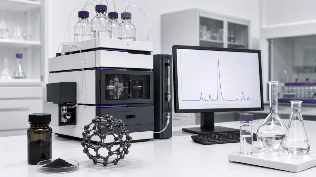 C60 fullerene HPLC purity analysis with chromatogram and laboratory instrument