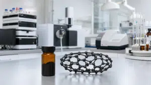 C70特性評価手法:HPLC、UV-Vis、質量分析、13C NMRが明らかにすること 13 分析実験室におけるフラーレンC70粉末と細長い分子模型