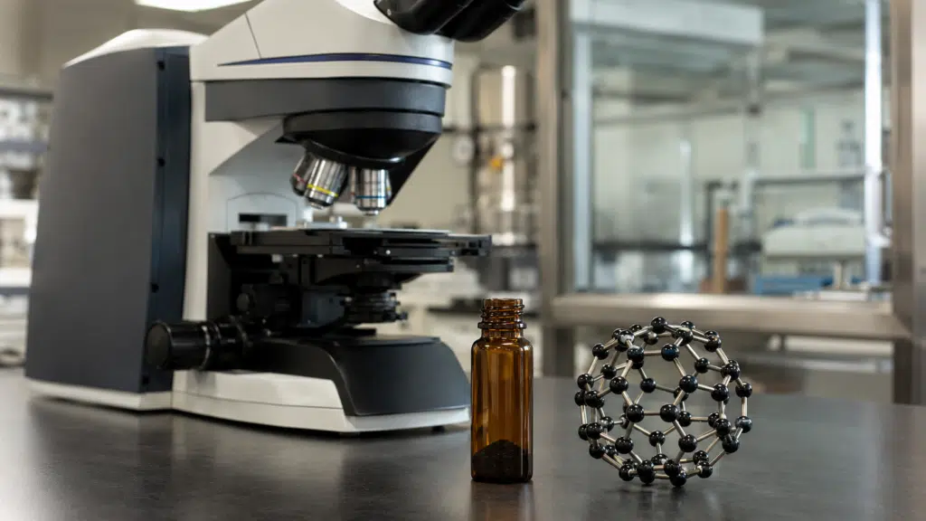 Raman microscope beside a C60 powder vial and physical fullerene model in a materials laboratory