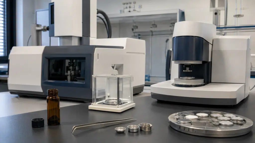 TGA and DSC instruments with C60 powder and thermal-analysis sample pans