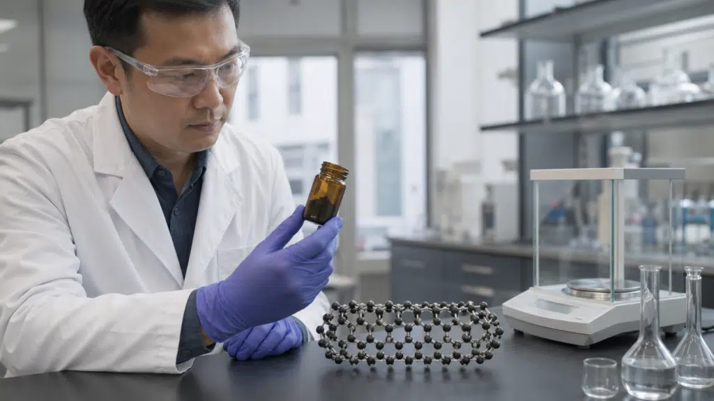 Materials scientist evaluating a Fullerene C70 powder sample in an advanced-materials laboratory