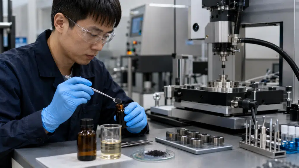 East Asian materials engineer preparing C60 and base oil for lubricant additive evaluation