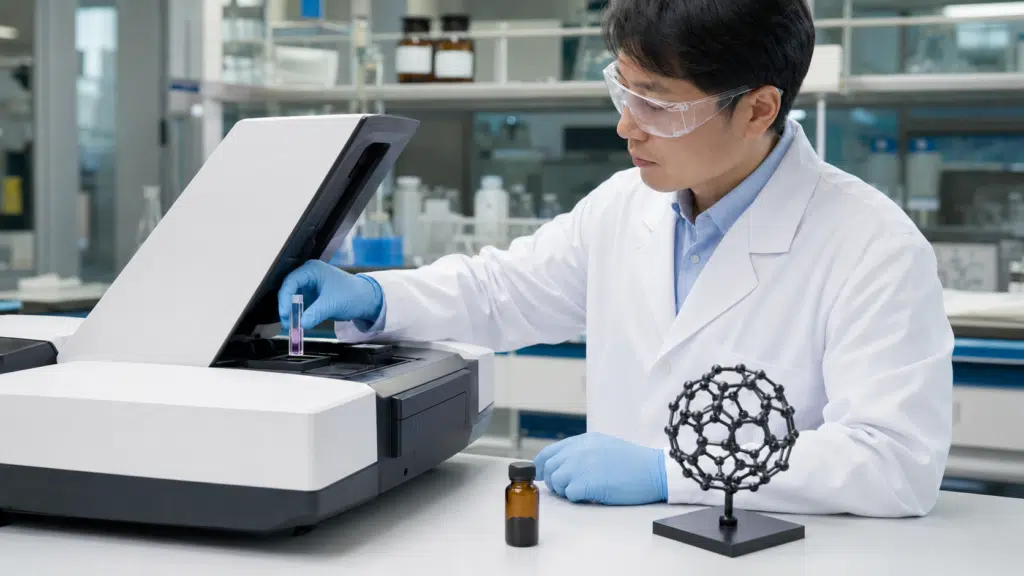 Scientist measuring a purple C60 solution with a UV-visible spectrophotometer