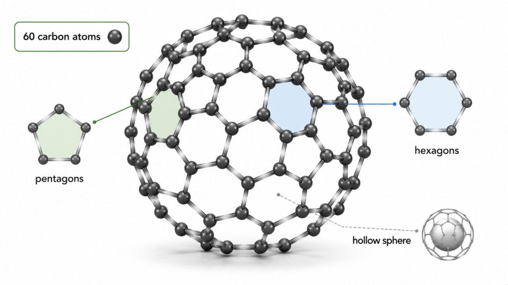 What Is Buckminsterfullerene GCSE? 11 Buckminsterfullerene C60 structure with pentagons and hexagons