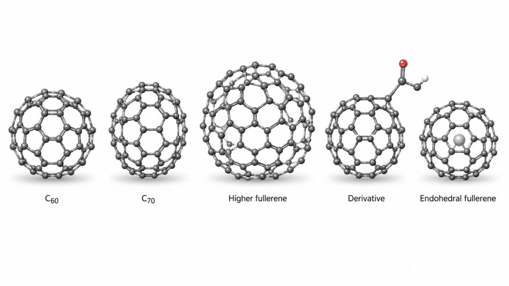 Fullerene Properties: Essential Guide to Structure, Solubility, Electronics, and Applications 11 Different fullerene structures including C60 C70 derivatives and endohedral fullerenes