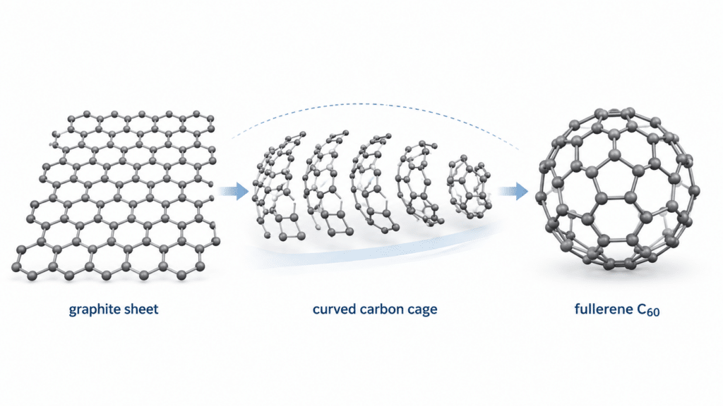 How Are Fullerenes Similar to Diamond and Graphite? 12 Graphite carbon rings compared with curved fullerene cage