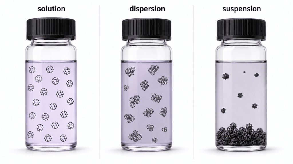 The Solubility of Pristine Fullerenes in Organic Solvents: C60, C70, and Practical Handling 13 Difference between fullerene solution dispersion and suspension